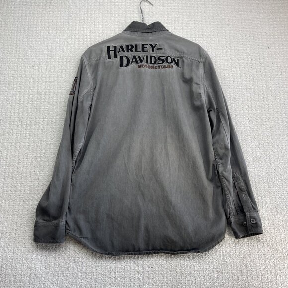 Y2K Harley-Davidson Men’s Gray Denim Button Shirt Embroidered Logo Patches Read - Picture 10 of 15